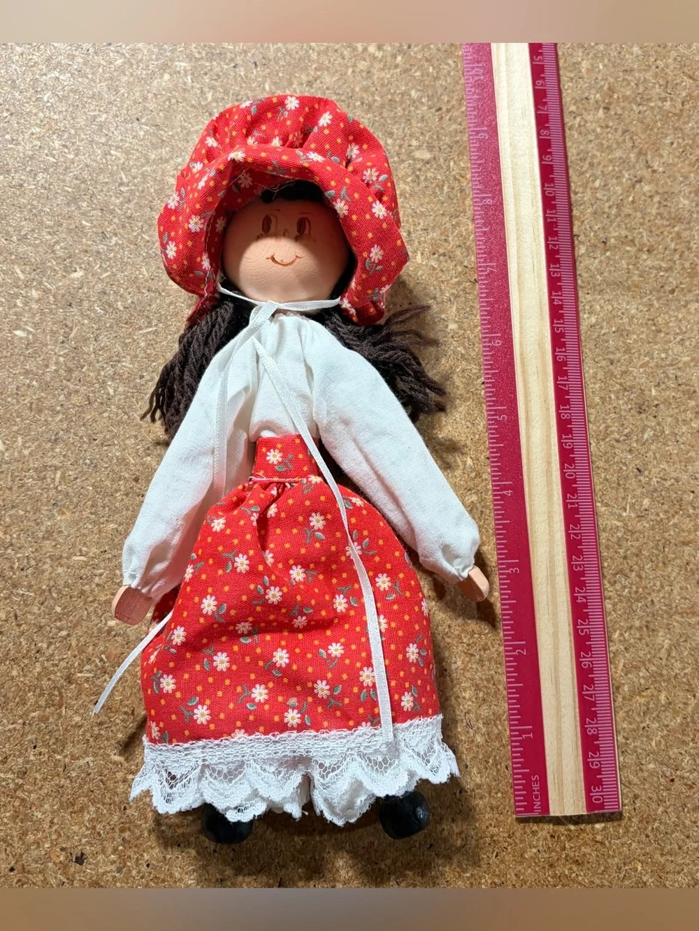 Vintage Polish Wooden Peg Doll Girl Floral Dress Folk Art